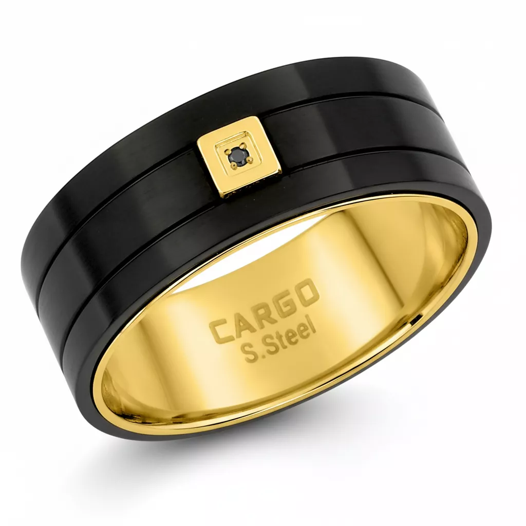 Bague Homme Acier Osuman IP jaune,noir Diamant - Bague en Acier