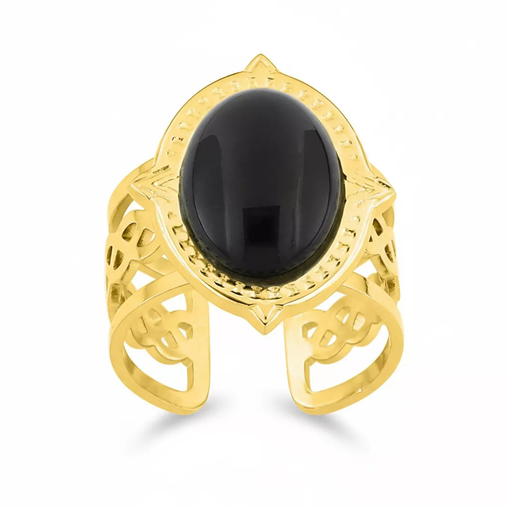Bague Acier Doré Casna Agate Noir - Bague en Acier - Bijoux en Vogue