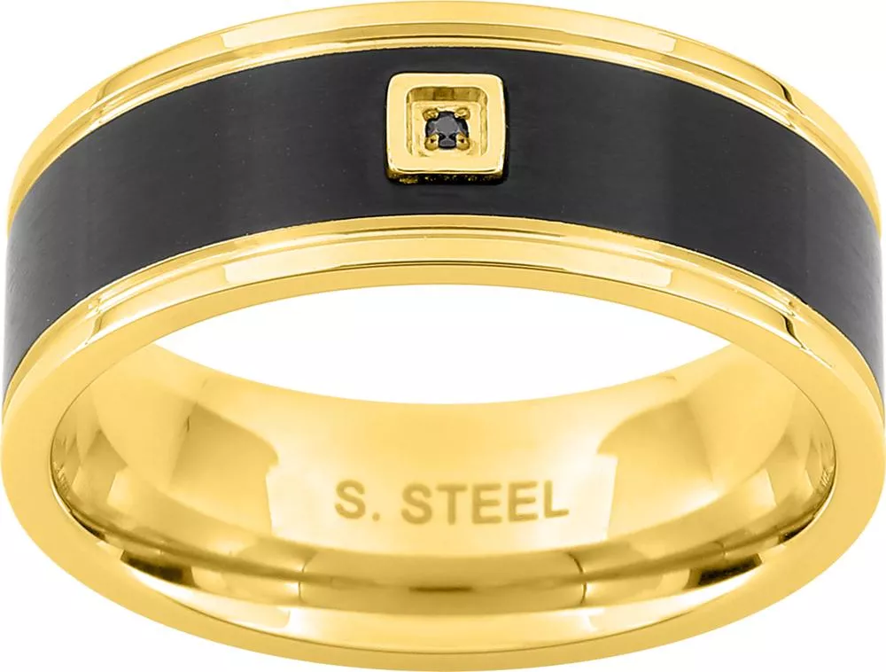 Bague Acier Doré Euridisse IP jaune,noir Diamant P - Bague en Acier - Bijoux en Vogue