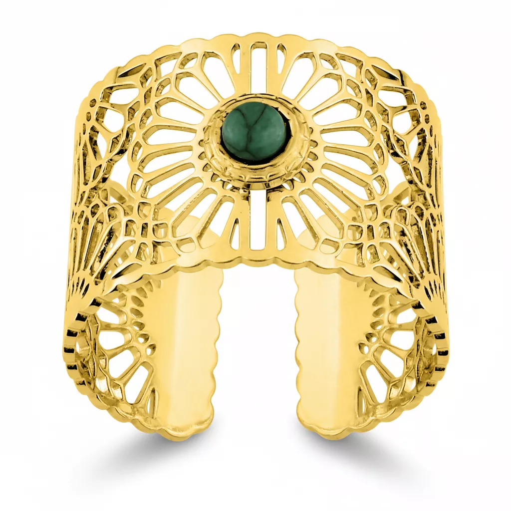 Bague Acier Doré Margeuritte Malachite - Bague en Acier - Bijoux en Vogue