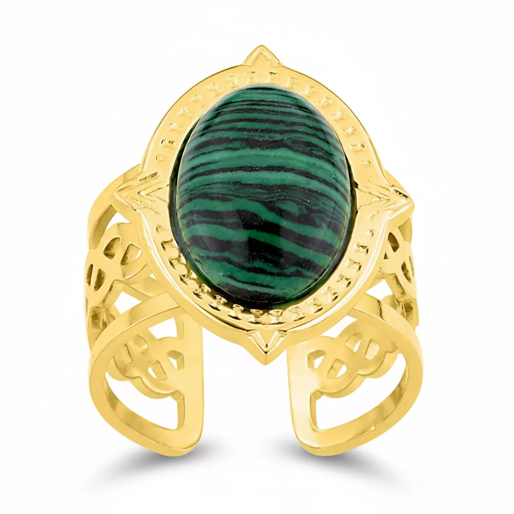 Bague Acier Doré Euphreme Malachite - Bague en Acier - Bijoux en Vogue