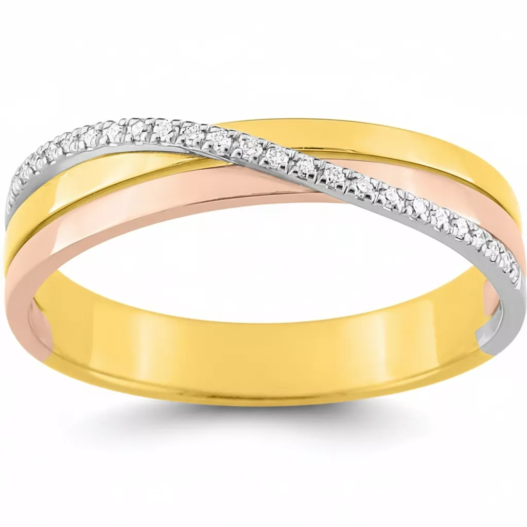 Alliance Or Jaune Blanc et Rose Bassmah Diamant - Bague en Or 375 9k - Bijoux en Vogue