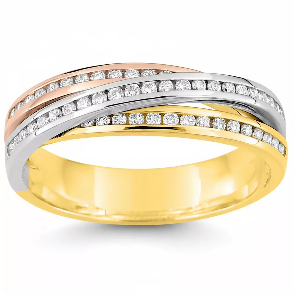 Alliance Or Jaune Blanc et Rose Sanrine Diamant - Bague en Or 375 9k - Bijoux en Vogue