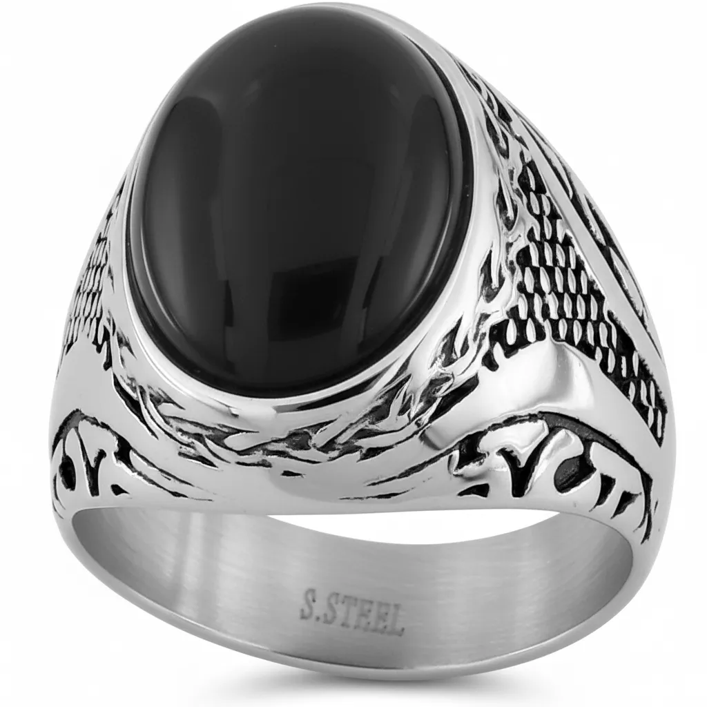 Chevalière Homme Acier Bivard Agate Noir - Bague en Acier - Bijoux en Vogue