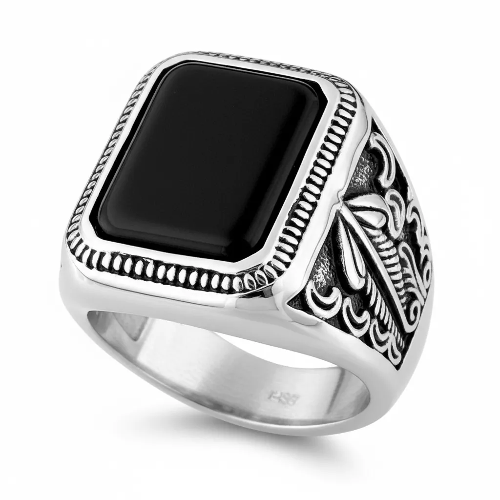 Chevalière Homme Acier Hagapo Agate Noir - Bague en Acier - Bijoux en Vogue