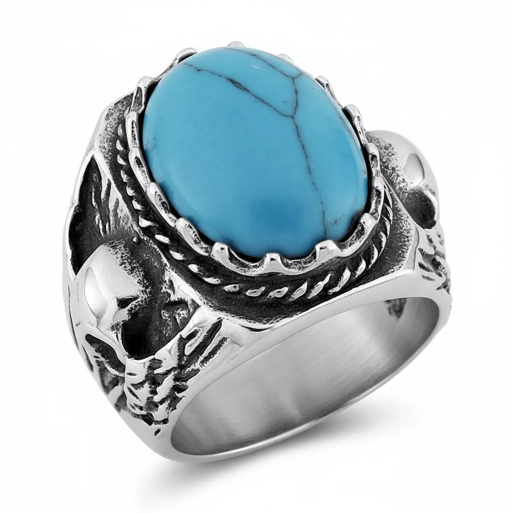 Chevalière Homme Acier Noirci Branden Turquoise - Bague en Acier - Bijoux en Vogue