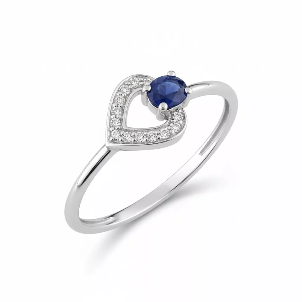 Bague Or Blanc Zirconium Saphir Coeur - Bague en Or 375 9k - Bijoux en Vogue