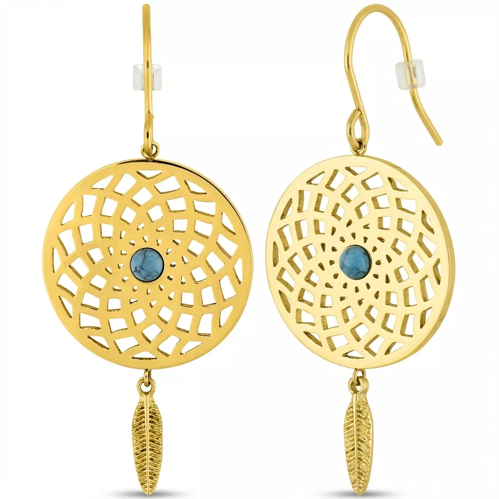 Boucles d'oreilles Acier Doré Brygida Turquoise Pampille Plume - Boucles d'oreilles en Acier - Bijoux en Vogue