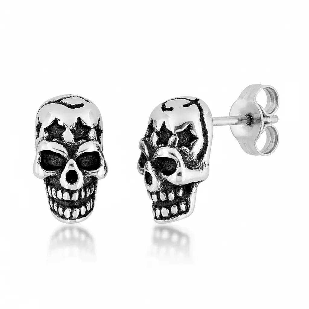 Boucles d'oreilles Clous Homme Acier Noirci Tête de Mort - Boucles d'oreilles en Acier - Bijoux en Vogue