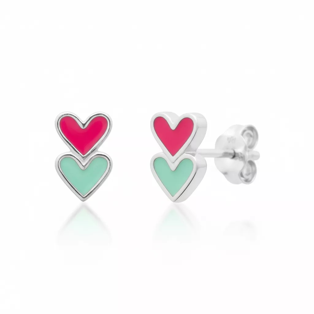 Boucles d'oreilles Clous Enfant Argent Etane Coeurs Couleurs - Boucles d'oreilles en Argent 925 - Bijoux en Vogue