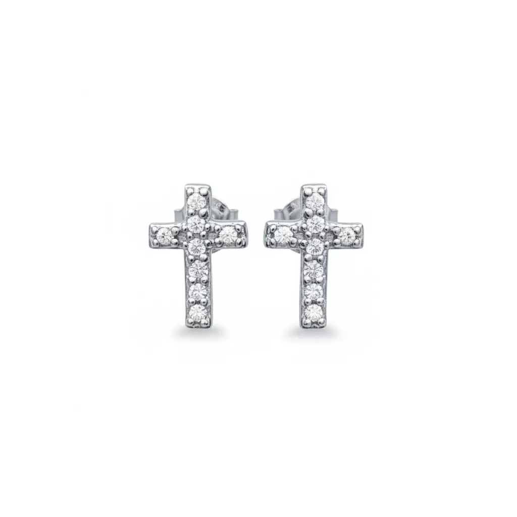 Boucles d'oreilles Clous Argent Zirconium Croix Chrétienne - Boucles d'oreilles en Argent 925 - Bijoux en Vogue