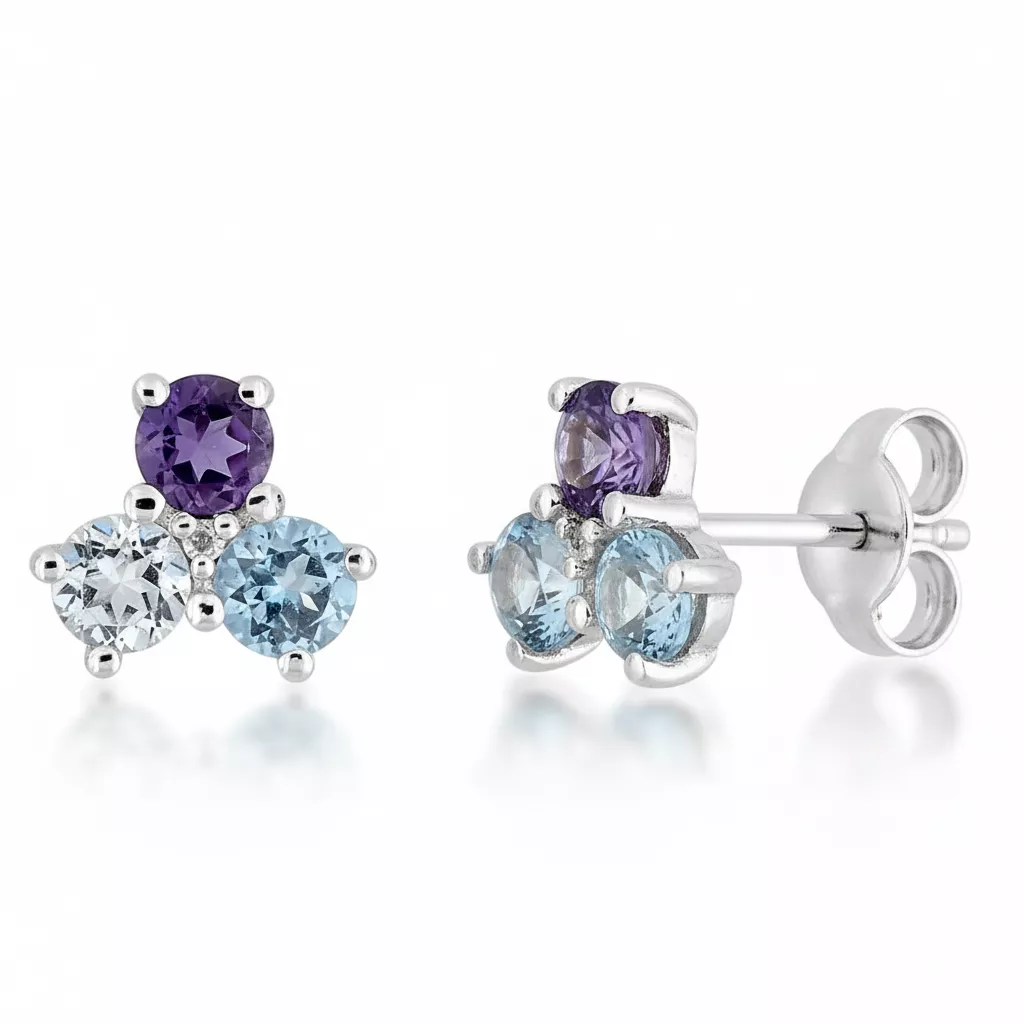 Boucles d'oreilles Clous Or Blanc bleu Diamant Topaze - Boucles d'oreilles en Or 375 9k