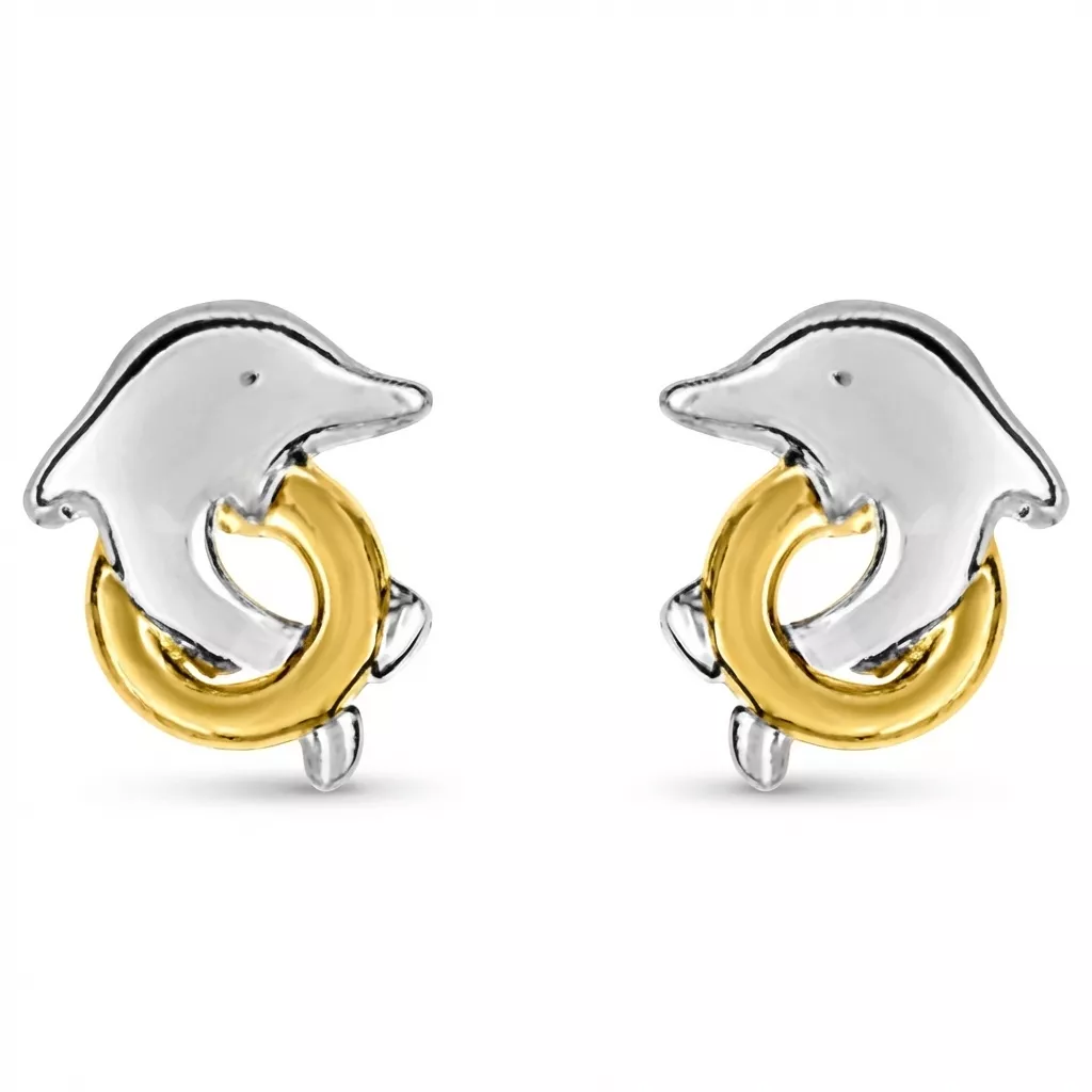 Boucles d'oreilles Clous Or Blanc et Jaune Varvara Dauphin - Boucles d'oreilles en Or 375 9k - Bijoux en Vogue