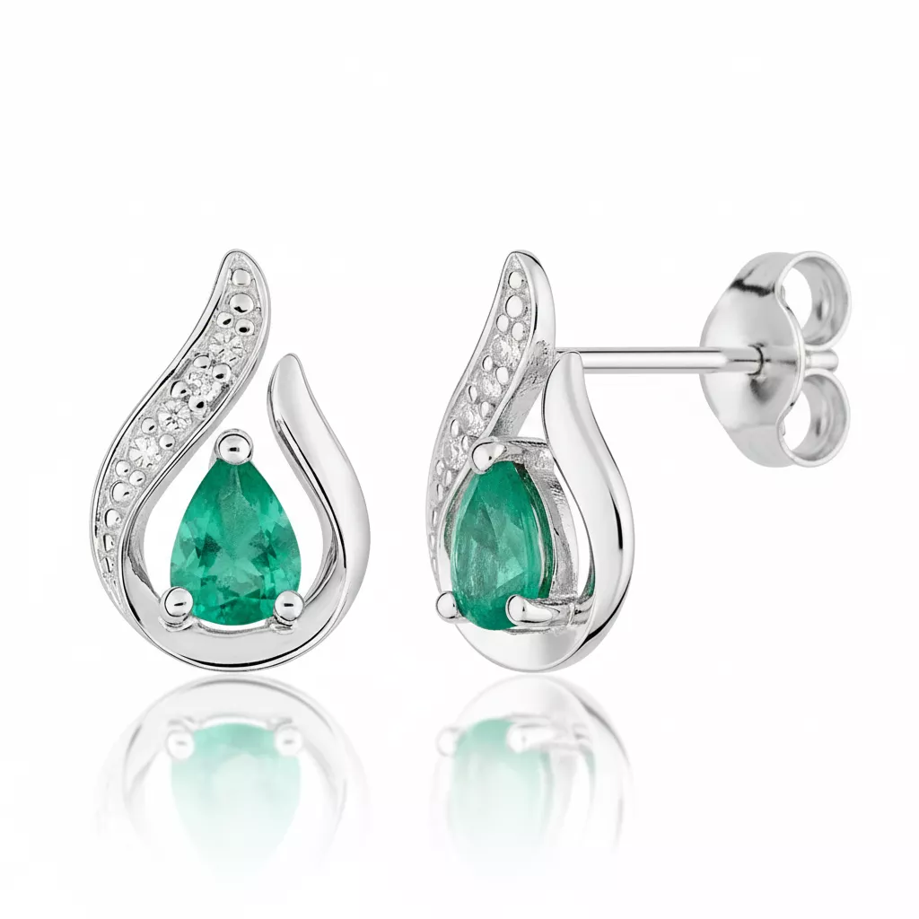Boucles d'oreilles Clous Or Blanc Crisante Diamant Emeraude - Boucles d'oreilles en Or 750 18k