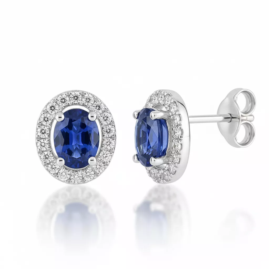 Boucles d'oreilles Clous Or Blanc Diamant Saphir - Boucles d'oreilles en Or 750 18k