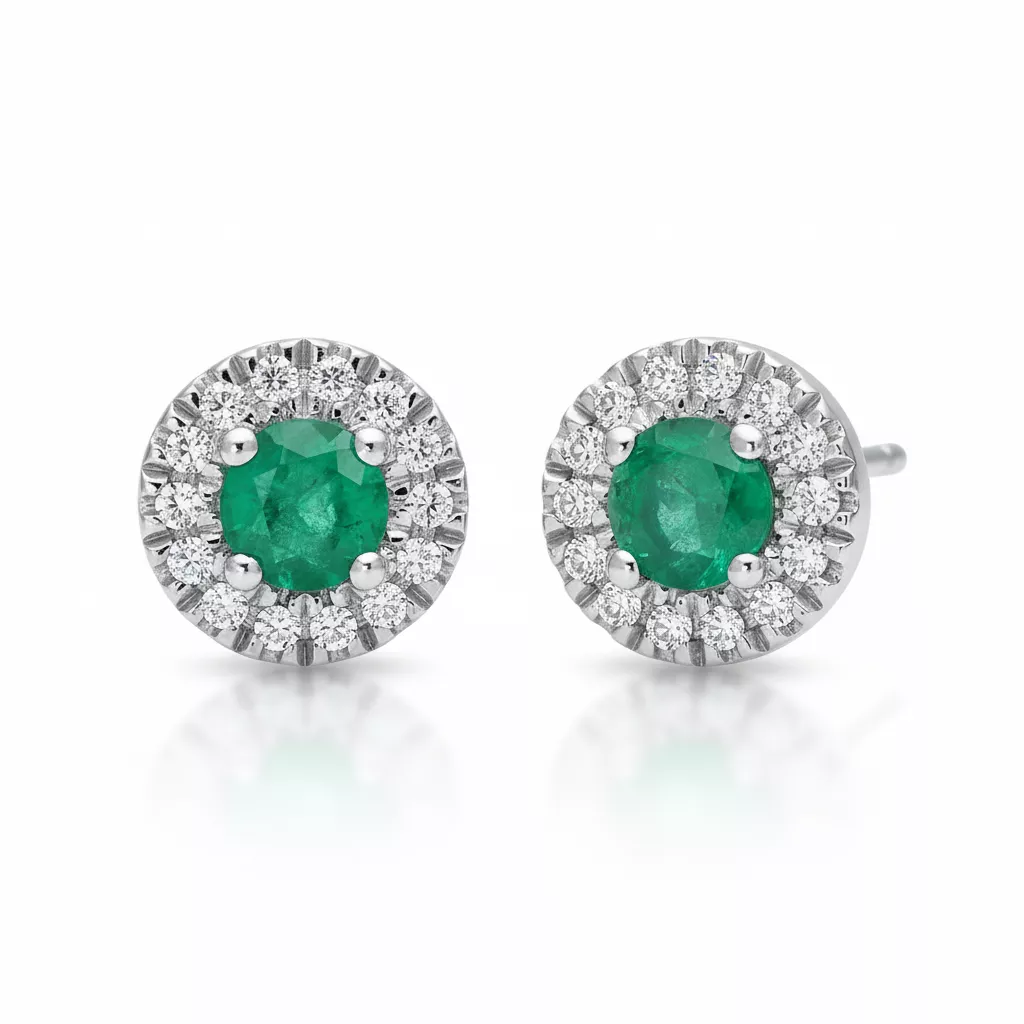 Boucles d'oreilles Clous Or Blanc Pietrovna Diamant Emeraude - Boucles d'oreilles en Or 750 18k