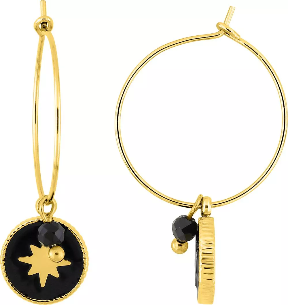 Boucles d'oreilles Créoles Acier Doré Cindie Agate Noir - Boucles d'oreilles en Acier - Bijoux en Vogue