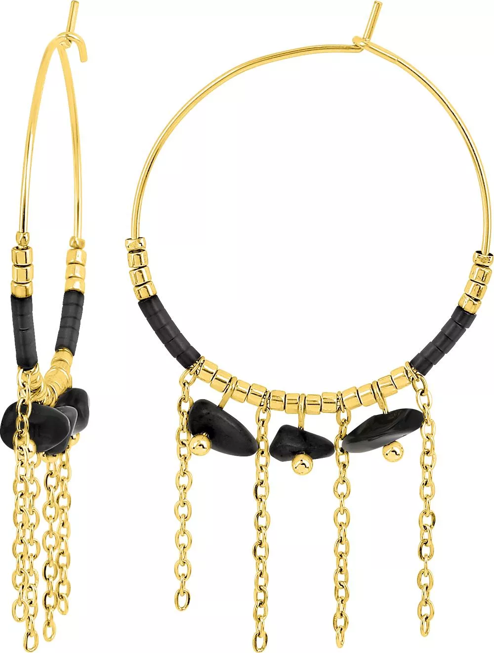 Boucles d'oreilles Créoles Acier Doré Djigourta Diamètre 30mm Agate Noir - Boucles d'oreilles en Acier - Bijoux en Vogue