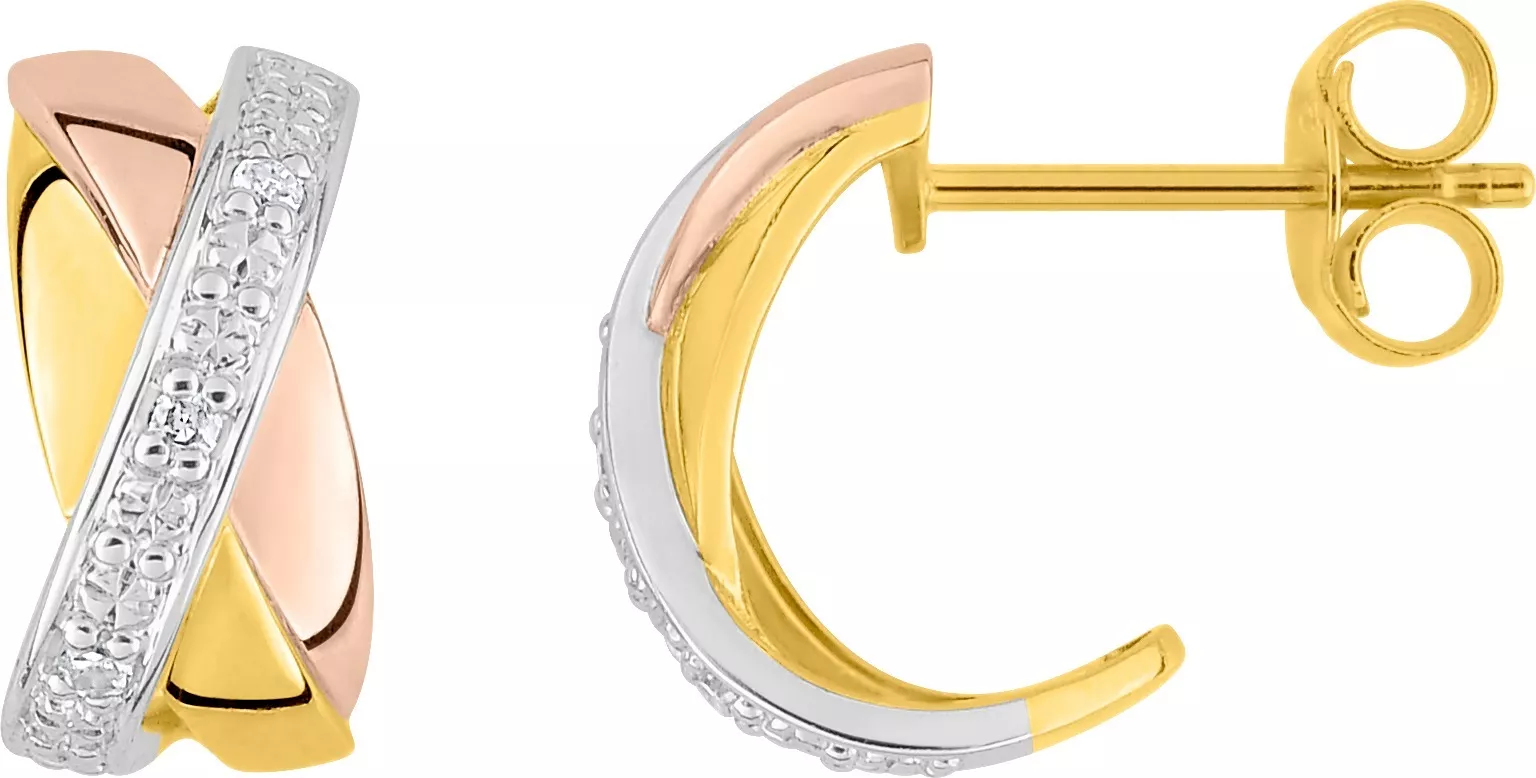 Boucles d'oreilles Créoles Or Jaune Blanc et Rose Stanelie Diamant - Boucles d'oreilles en Or 750