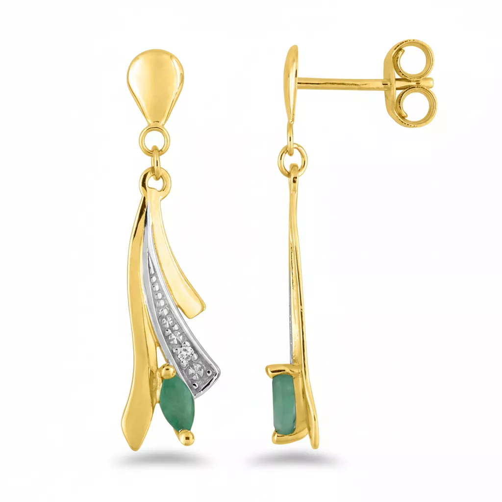 Boucles d'oreilles Pendantes Or Blanc et Jaune Diamant Emeraude - Boucles d'oreilles en Or 375 9k - Bijoux en Vogue