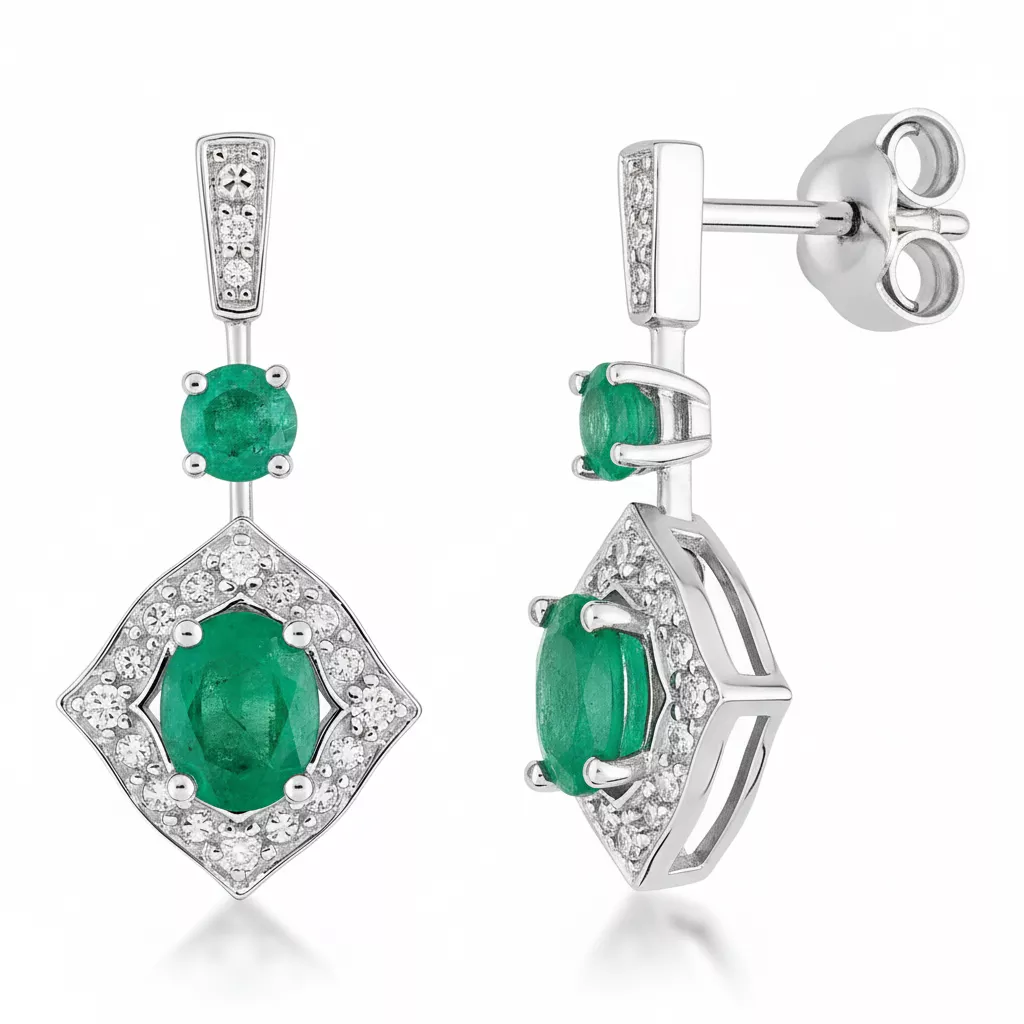 Boucles d'oreilles Pendantes Or Blanc Lyudmyila Diamant Emeraude - Boucles d'oreilles en Or 750 18k