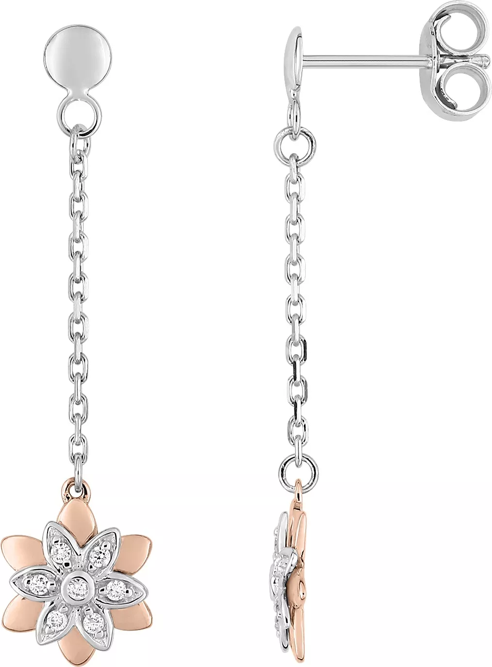 Boucles d'oreilles Pendantes Or Blanc et Rose Gloire Diamant - Boucles d'oreilles en Or 750 18k