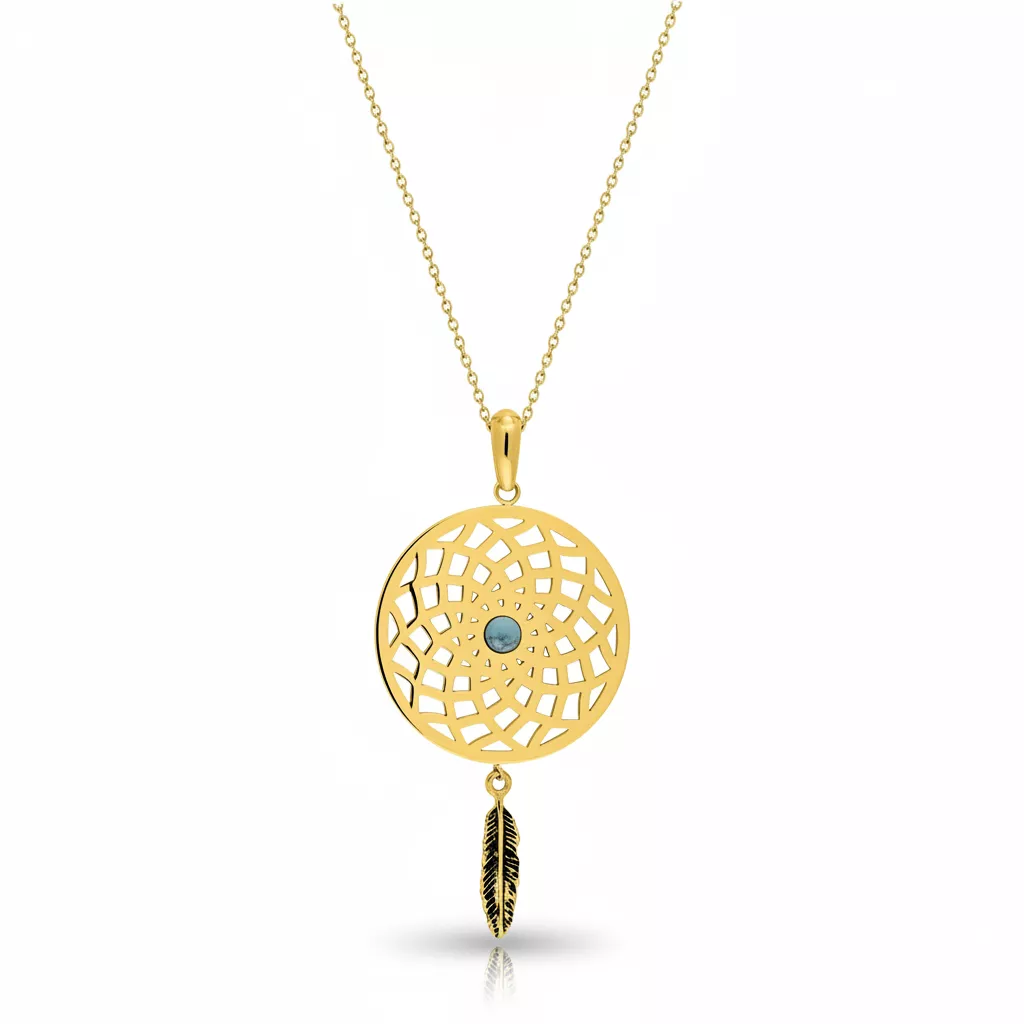 Collier Acier Doré Pompeya Turquoise Pampille Plume - Collier en Acier - Bijoux en Vogue