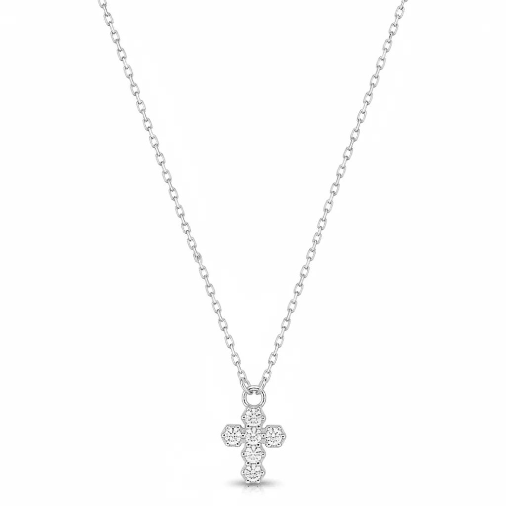 Collier Or Blanc Zirconium Croix Chrétienne - Collier en Or 375 9k - Bijoux en Vogue
