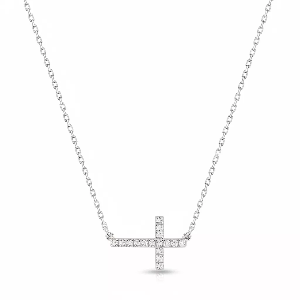 Collier Or Blanc Zirconium Croix Chrétienne - Collier en Or 375 9k - Bijoux en Vogue