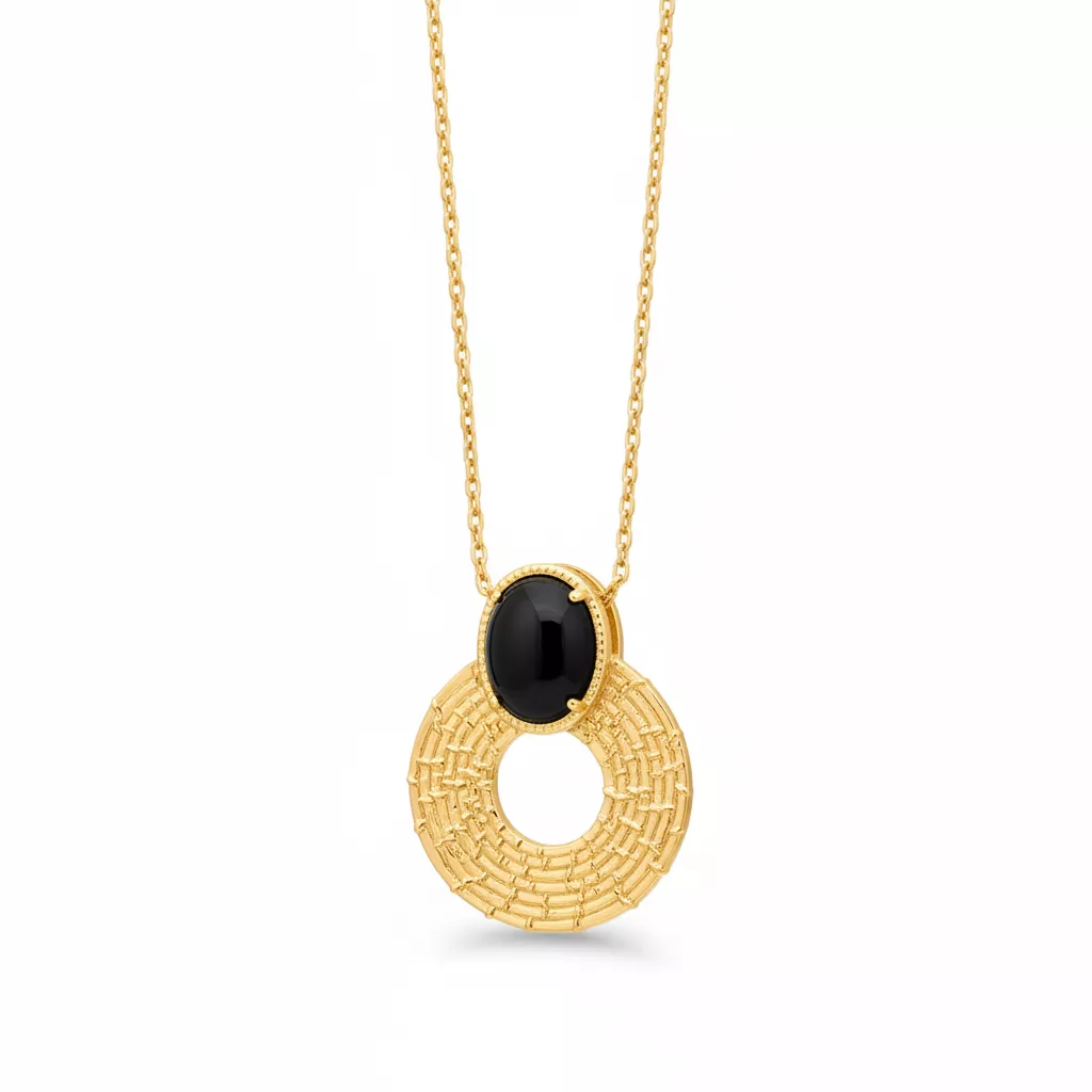 Collier Plaqué Or Helka Agate Noir Texturé Couleurs Géométrie - Collier en Plaqué or