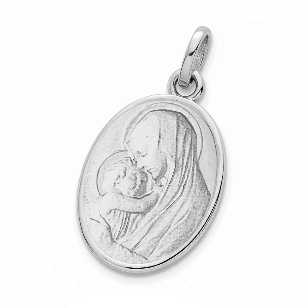 Pendentif Médaille Or Blanc Vierge Marie et Jésus Christ - Pendentif en Or 750 18k - Bijoux en Vogue