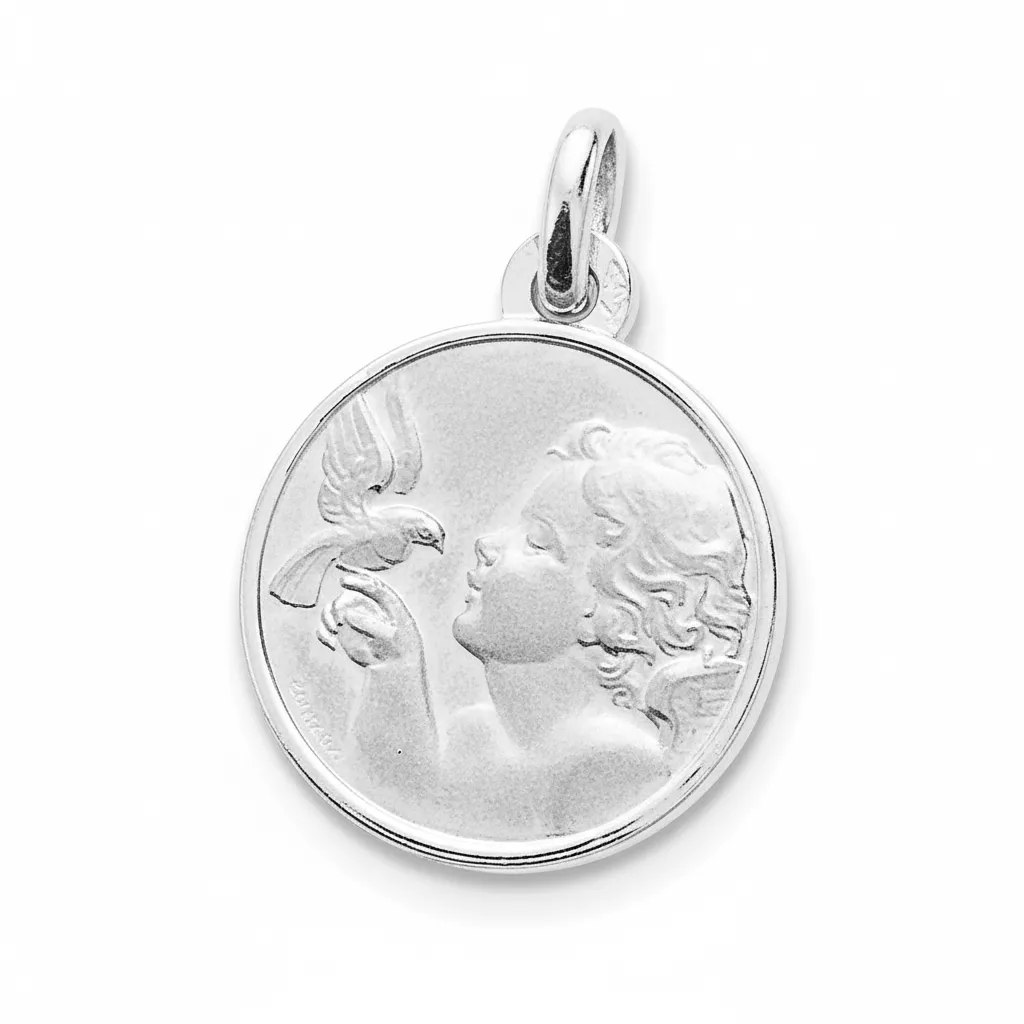 Pendentif Médaille Or Blanc Ange à la Colombe - Pendentif en Or 750 18k - Bijoux en Vogue