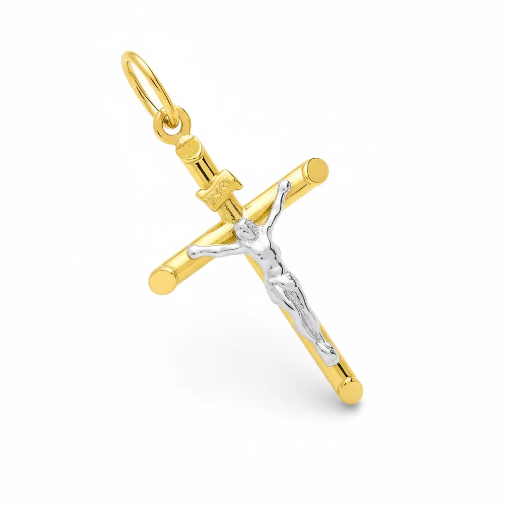 Pendentif Or Jaune et Blanc Croix Chrétienne - Pendentif en Or 750 18k - Bijoux en Vogue