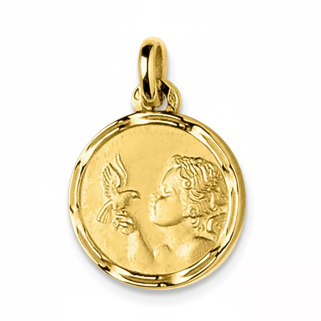 Pendentif Médaille Or Ange à la Colombe - Pendentif en Or 750 18k - Bijoux en Vogue