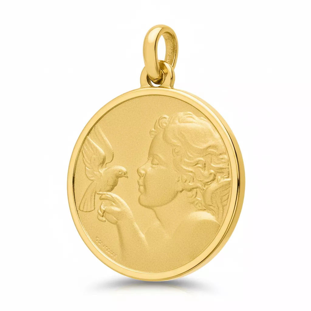 Pendentif Médaille Or Ange à la Colombe - Pendentif en Or 750 18k - Bijoux en Vogue