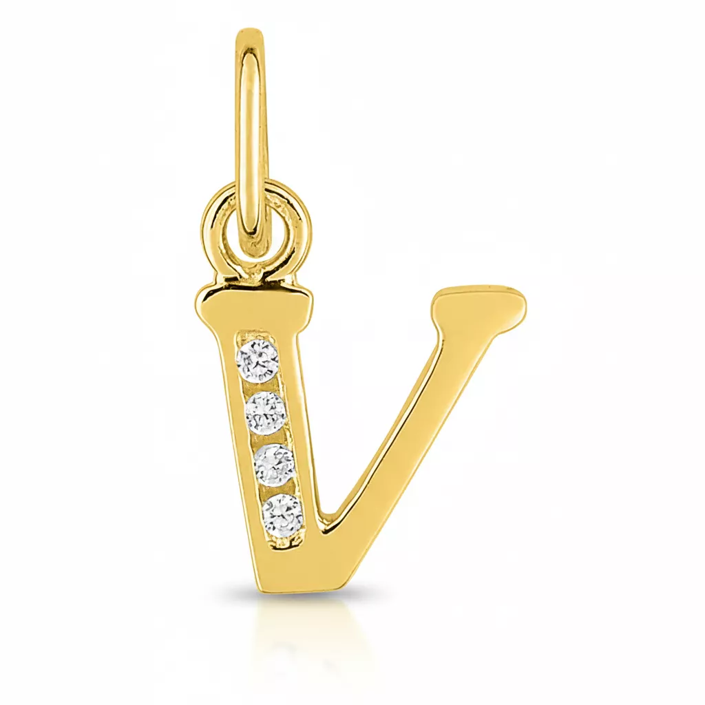 Pendentif Or Zirconium Lettre V - Pendentif en Or 750 18k - Bijoux en Vogue